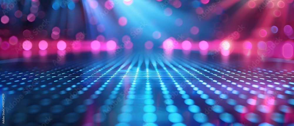 Obraz premium Futuristic grid pattern with blue glowing lights and reflections Abstract technology background evoking virtual reality and digital landscapes
