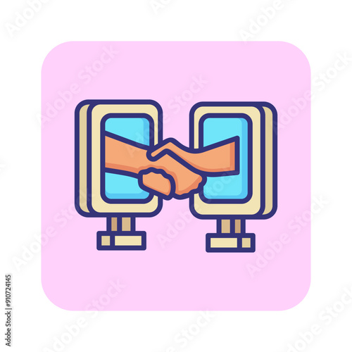 Online deal line icon. Device, gadget, handshake. Business concept. Can be used for topics like contract, partnership, agreemen photo