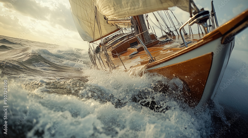 Obraz premium Dynamic shot of sailboat heeling in strong wind, water rushing past hull