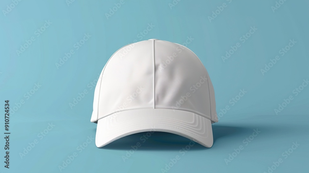 White baseball cap on light blue background Clean sportswear accessory with curved brim showcased against pastel color White baseball cap on light blue background Clean sportswear accessory with curved brim showcased against pastel color