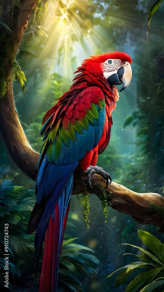 Obraz premium Colorful macaw parrot in the jungle. macaw parrot with colorful plumage and a long tail sitting on the tree branch. colorful parrot in the rain forest, wildlife and nature concept