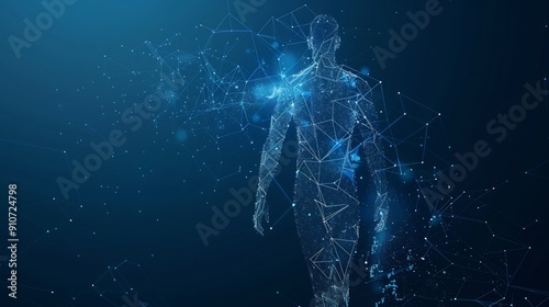 Wire frame human full body in virtual reality. Medical blue print scanned 3D model. Polygonal technology design. Front, Back, Side view

