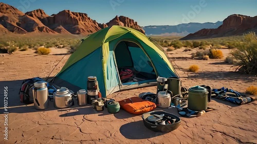 Desert camping animation. Illustrating essential camping gear for a desert trip featuring tents, sleeping bags & cooking equipment. Prepare for your next desert camping adventure with the right gear. photo