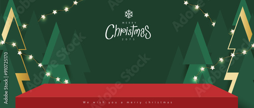 Merry Christmas banner with red product display and Christmas tree abstract background