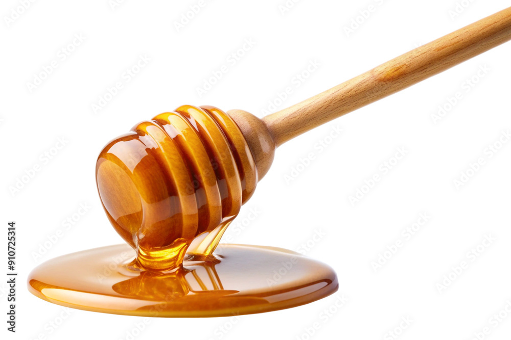 Honey falling off honey dipper isolated on white background. Generative AI. Honey falling off honey dipper isolated on white background. Generative AI.