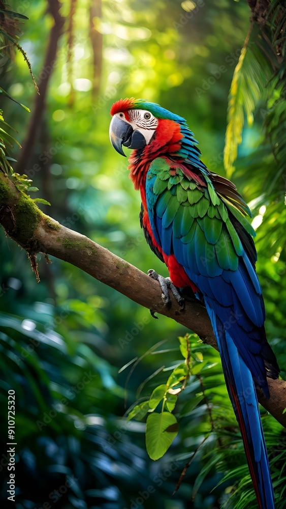 Obraz premium Colorful macaw parrot in the jungle. macaw parrot with colorful plumage and a long tail sitting on the tree branch. colorful parrot in the rain forest, wildlife and nature concept