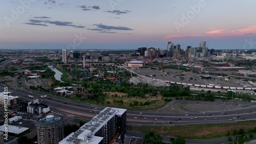 Twilight aerial view over I-25 of Elitch Gardens, Auraria and downtown Denver photo