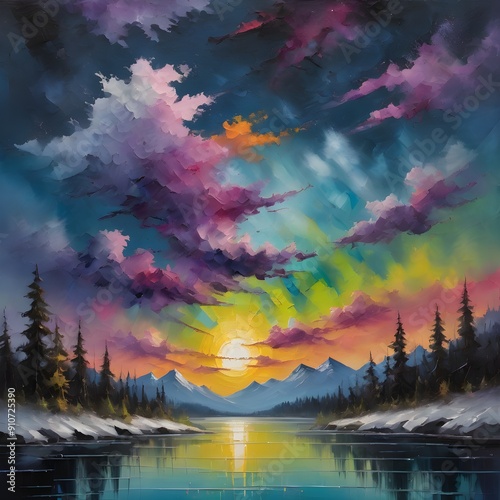 This exquisite painting captures the serene beauty of a mountain lake surrounded by lush forests, enhanced by a vibrant rainbow arching gracefully across the sky