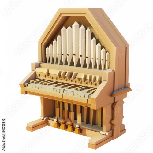 3D Render, Low Poly style of a portative organ with a compact design and small pipes, on isolated white background, Generative AI photo