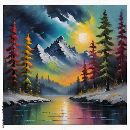 This exquisite painting captures the serene beauty of a mountain lake surrounded by lush forests, enhanced by a vibrant rainbow arching gracefully across the sky