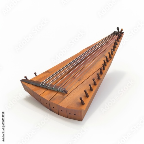 3D Render, Low Poly style of a psaltery with a flat wooden body and metal strings, on isolated white background, Generative AI photo