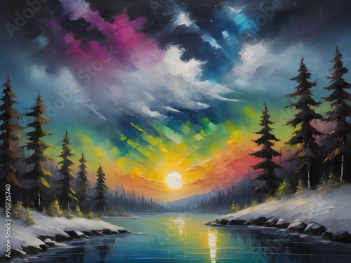 This exquisite painting captures the serene beauty of a mountain lake surrounded by lush forests, enhanced by a vibrant rainbow arching gracefully across the sky