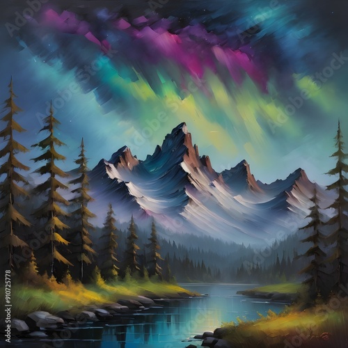 This exquisite painting captures the serene beauty of a mountain lake surrounded by lush forests, enhanced by a vibrant rainbow arching gracefully across the sky