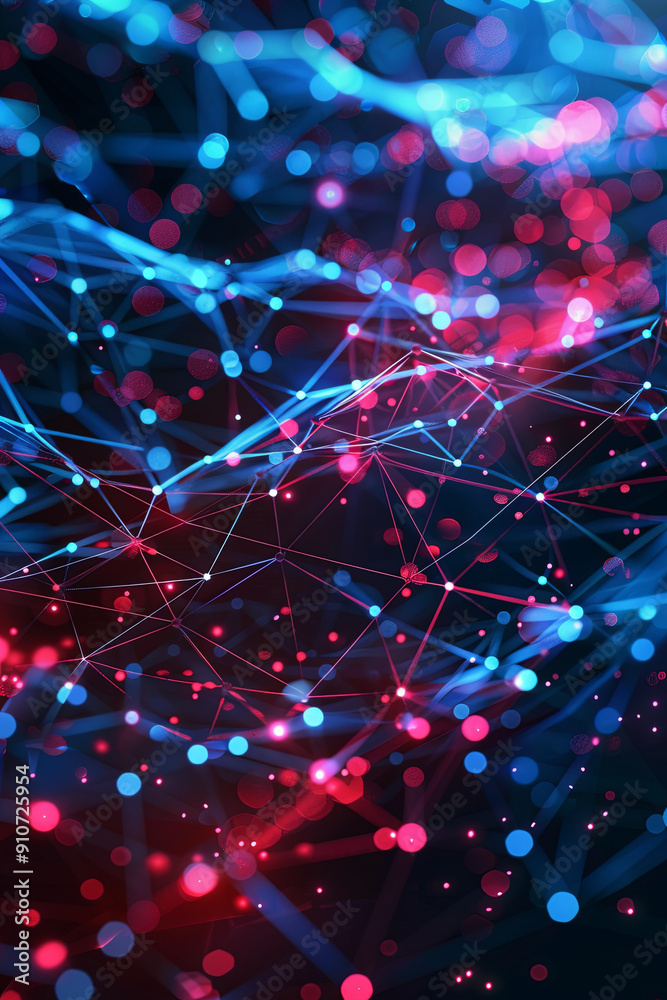 Glowing red and blue dots connected by lines in a low-poly abstract technology background. Concept of big data and internet networks
