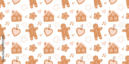 Christmas seamless pattern with gingerbread cookies, house, star, heart, man. Hand drawn vector ornament for print, banner, card, fabric, cover, wrapping paper, wallpaper