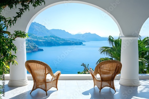 Terrace with rattan chairs. Arch with stunning sea view. Summer vacation background