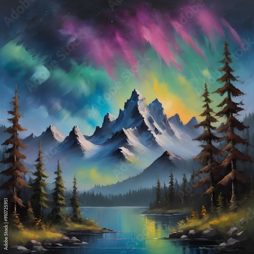 This exquisite painting captures the serene beauty of a mountain lake surrounded by lush forests, enhanced by a vibrant rainbow arching gracefully across the sky