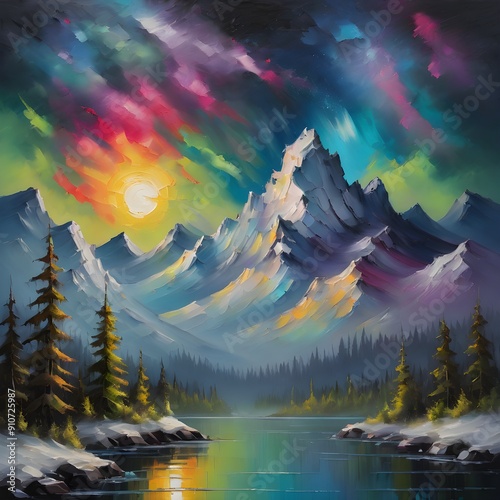 This exquisite painting captures the serene beauty of a mountain lake surrounded by lush forests, enhanced by a vibrant rainbow arching gracefully across the sky