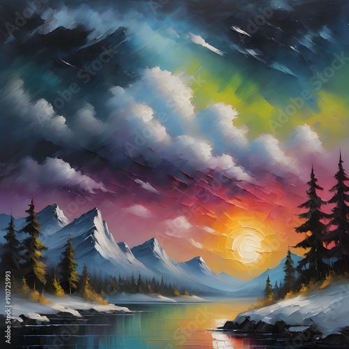 This exquisite painting captures the serene beauty of a mountain lake surrounded by lush forests, enhanced by a vibrant rainbow arching gracefully across the sky