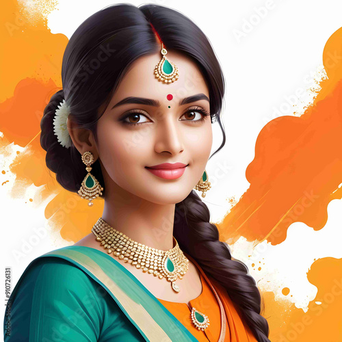 Portrait of the beautiful young Indian woman in traditional Indian clothing celebrating Independence Day event generated with Ai photo