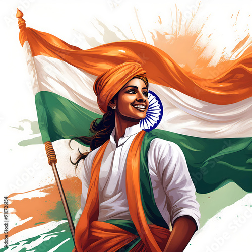 Indian woman with the flag of India. The Independence Day of India concept generated with Ai photo
