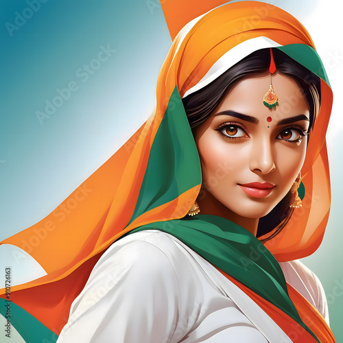 Portrait of a beautiful Indian woman wearing a saree and turban and celebrating Independence Day with an AI-generated image photo