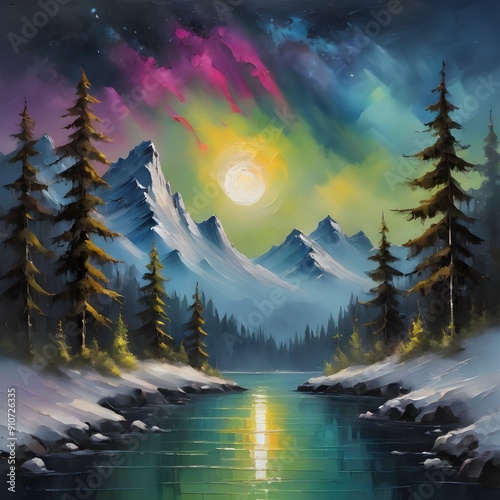 This exquisite painting captures the serene beauty of a mountain lake surrounded by lush forests, enhanced by a vibrant rainbow arching gracefully across the sky