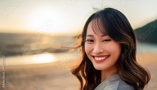 a smiling woman enjoying the outdoors during sunset. She is wearing a hat, casual clothing, with the warm sunlight adding a golden glow to the scene, image captures a sense of happiness, relaxation