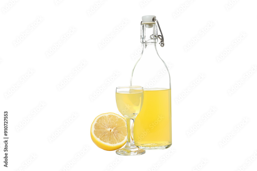 PNG, Half of lemon, bottle and glass with limoncello, isolated on white background PNG, Half of lemon, bottle and glass with limoncello, isolated on white background