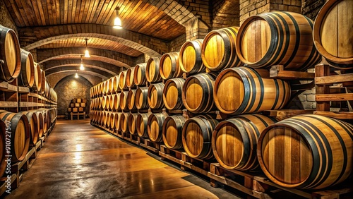 Wine barrels stacked in a rustic winery cellar, winery, barrels, wine, storage, vineyard, cellar, wooden, fermentation, oak