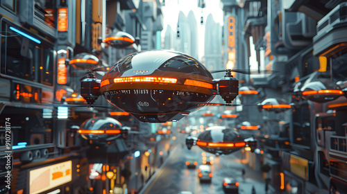 Autonomous drone taxis in a futuristic city, illustrating advanced transport photo