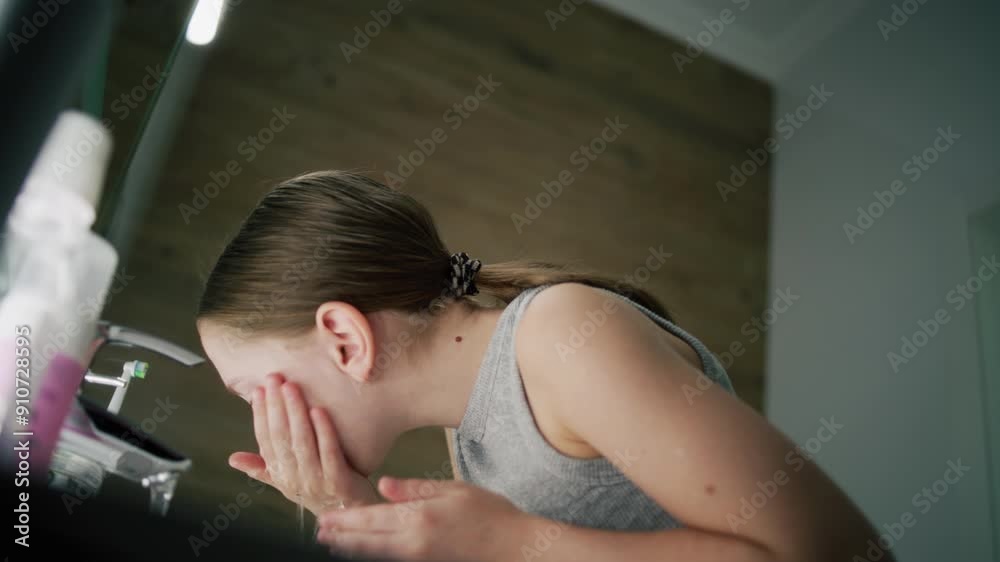 Pretty girl with perfect soft face stands near sink, wipes her face using towel. Adorable young girl comes in bathroom, washes her face with cold water and looks at the mirror. Bath morning routine. Pretty girl with perfect soft face stands near sink, wipes her face using towel. Adorable young girl comes in bathroom, washes her face with cold water and looks at the mirror. Bath morning routine.