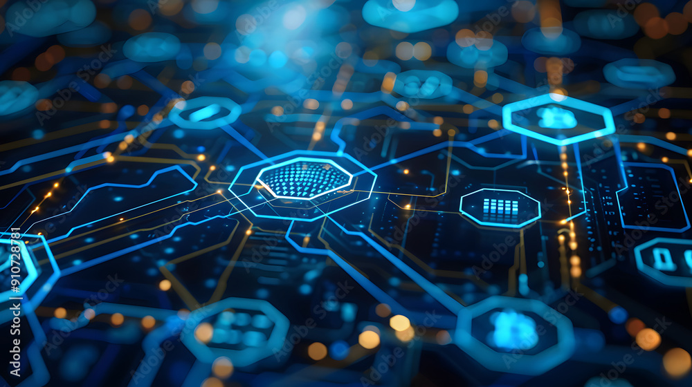 Digital interface with blockchain icons, representing the new economic framework
