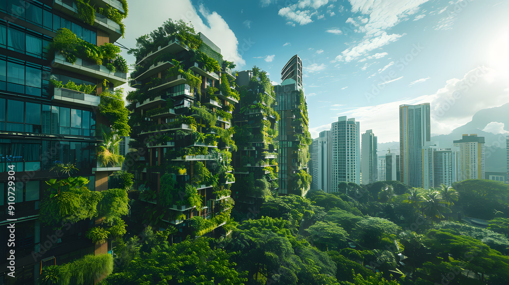 Obraz premium Green financial district with eco-friendly buildings