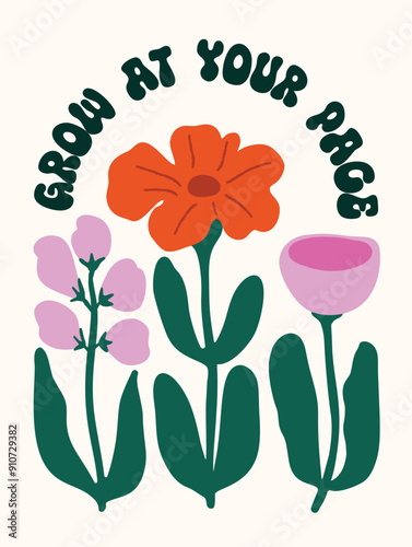 Good vibes Retro botanical with words and quotes background art vector set. Flower and leaves abstract shape doodle art design for T-shirt, poster, fabric, packaging, print, screen, sticker.