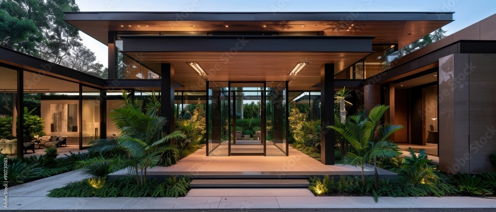 Serene Luxury: Minimalist Entrance with Lush Landscaping in Elegant Home Serene Luxury: Minimalist Entrance with Lush Landscaping in Elegant Home