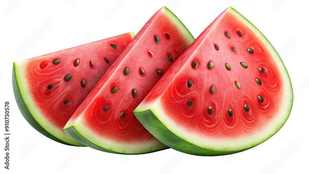 Close-up of watermelon slices against white background. Generative AI. Close-up of watermelon slices against white background. Generative AI.