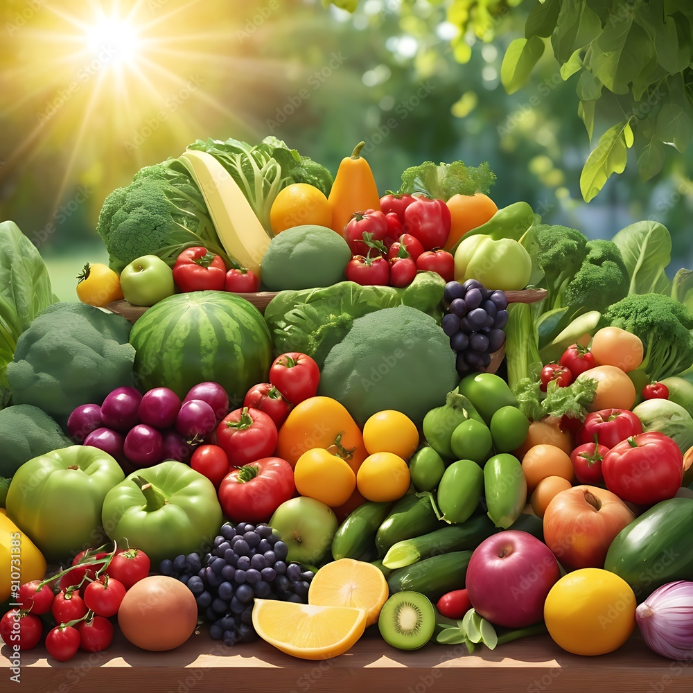 Different fresh fruits and vegetables flat lay on table top, fruits and vegetables collection food background Different fresh fruits and vegetables flat lay on table top, fruits and vegetables collection food background