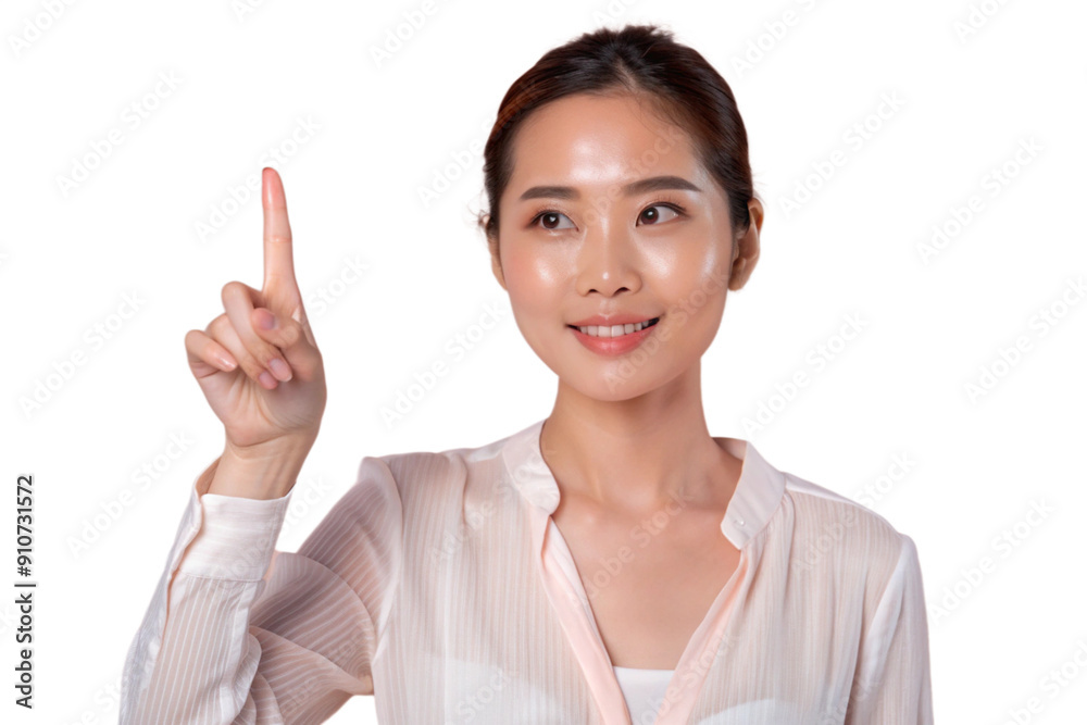 Young beautiful asian woman pointing upward, isolated on white background. Generative AI. Young beautiful asian woman pointing upward, isolated on white background. Generative AI.