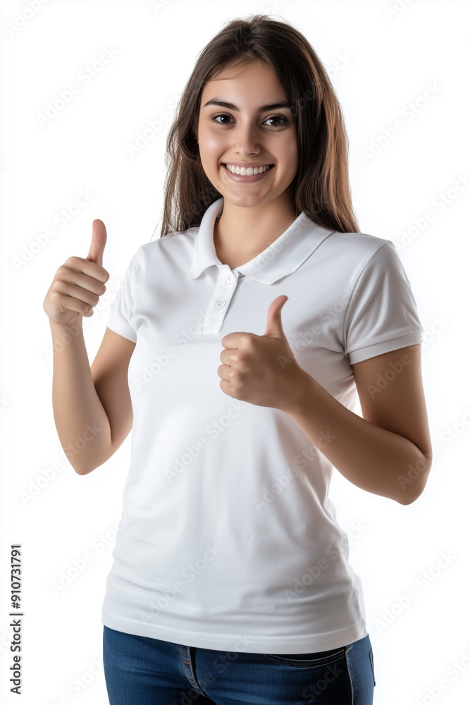 Cheerful young woman in a white polo shirt giving a thumbs up with both hands, showing positivity and confidence against a white background Cheerful young woman in a white polo shirt giving a thumbs up with both hands, showing positivity and confidence against a white background
