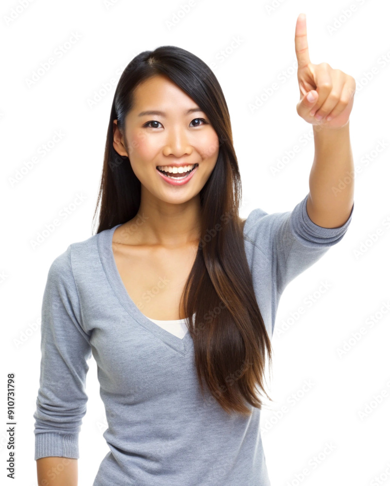 Young beautiful asian woman pointing upward, isolated on white background. Generative AI. Young beautiful asian woman pointing upward, isolated on white background. Generative AI.