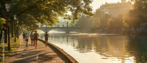 Active Lifestyle - Jogging by Riverside at Sunrise
