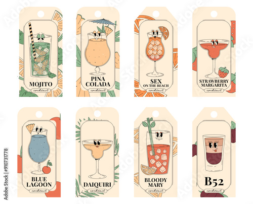 Retro groovy characters summer cocktails. Trendy psychedelic label or tag set with cute alcohol beverage Mojito, Pina colada, Bloody Mary, b52 and other. Vector illustration