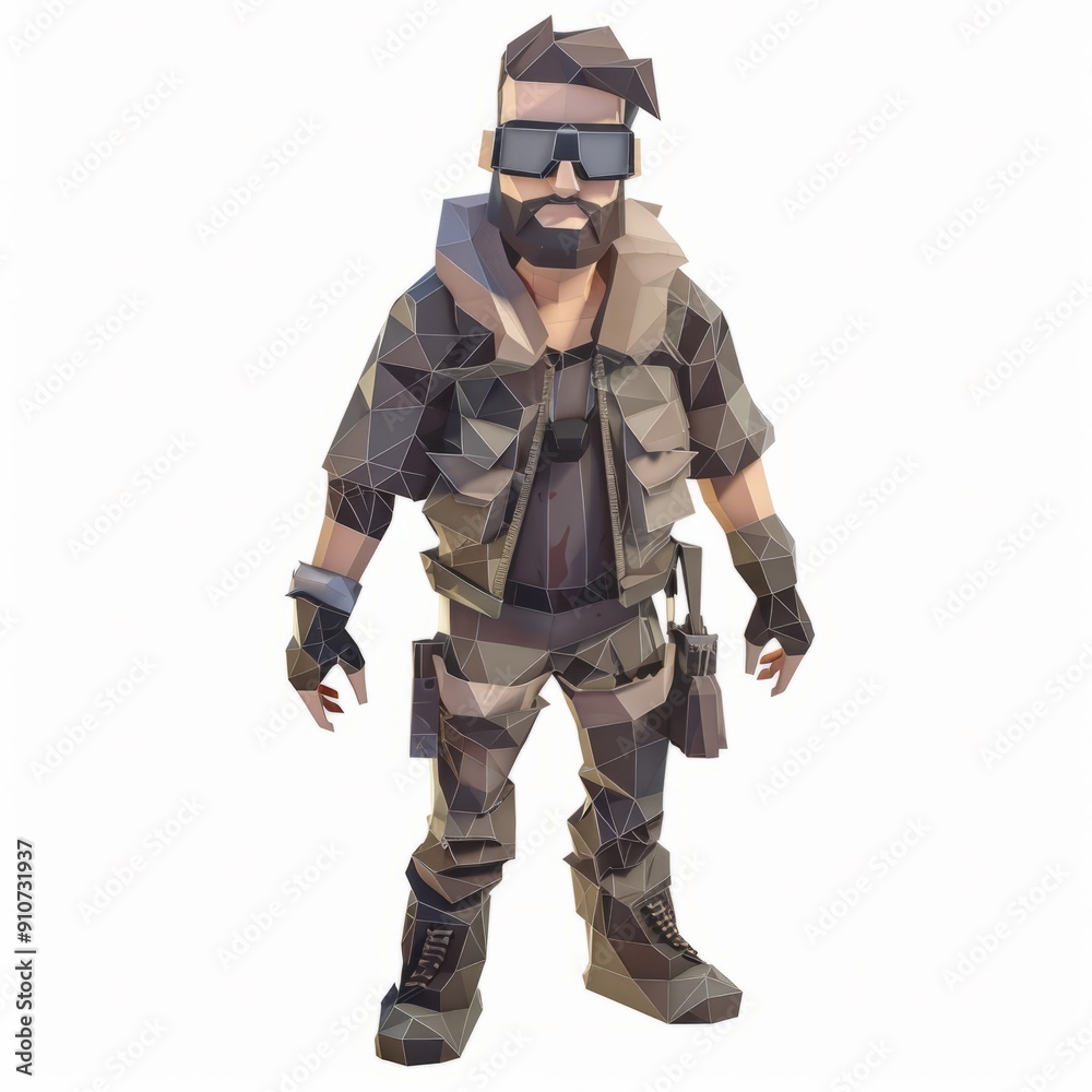 3D Render, Low Poly style of dystopian NPC with a rugged survival outfit and an assortment of gadgets, on isolated white background 3D Render, Low Poly style of dystopian NPC with a rugged survival outfit and an assortment of gadgets, on isolated white background