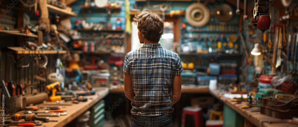 Efficient Organization in a Bright Tool Shed - Man Arranging Tools and Equipment for Tidy Storage Efficient Organization in a Bright Tool Shed - Man Arranging Tools and Equipment for Tidy Storage