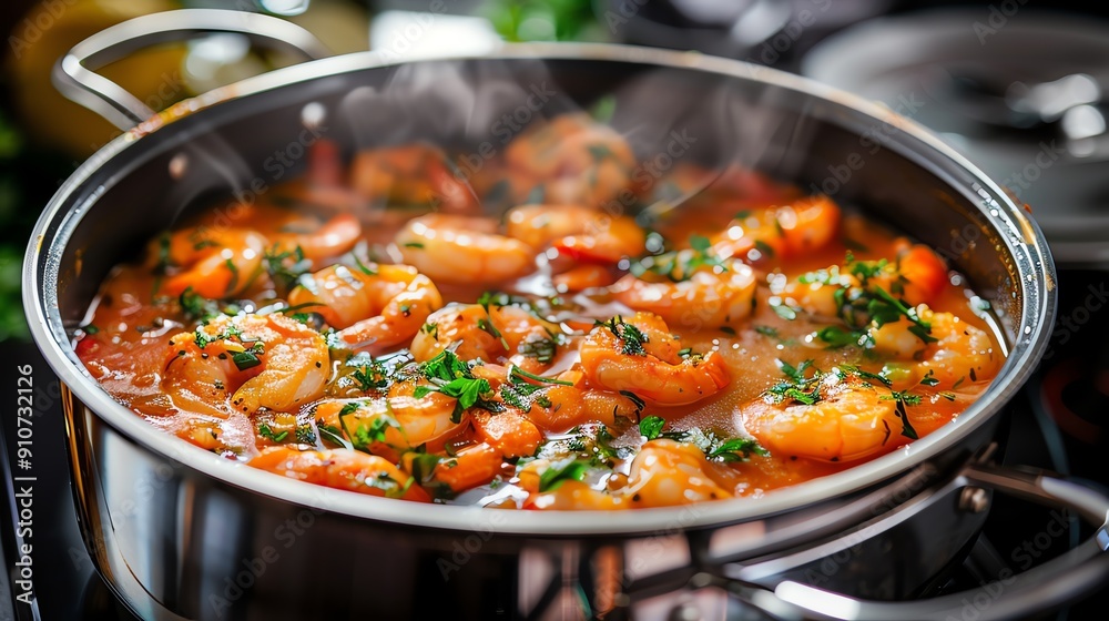 Boiling pot of delicate French fish stew in a refined restaurant, French, boiling Boiling pot of delicate French fish stew in a refined restaurant, French, boiling