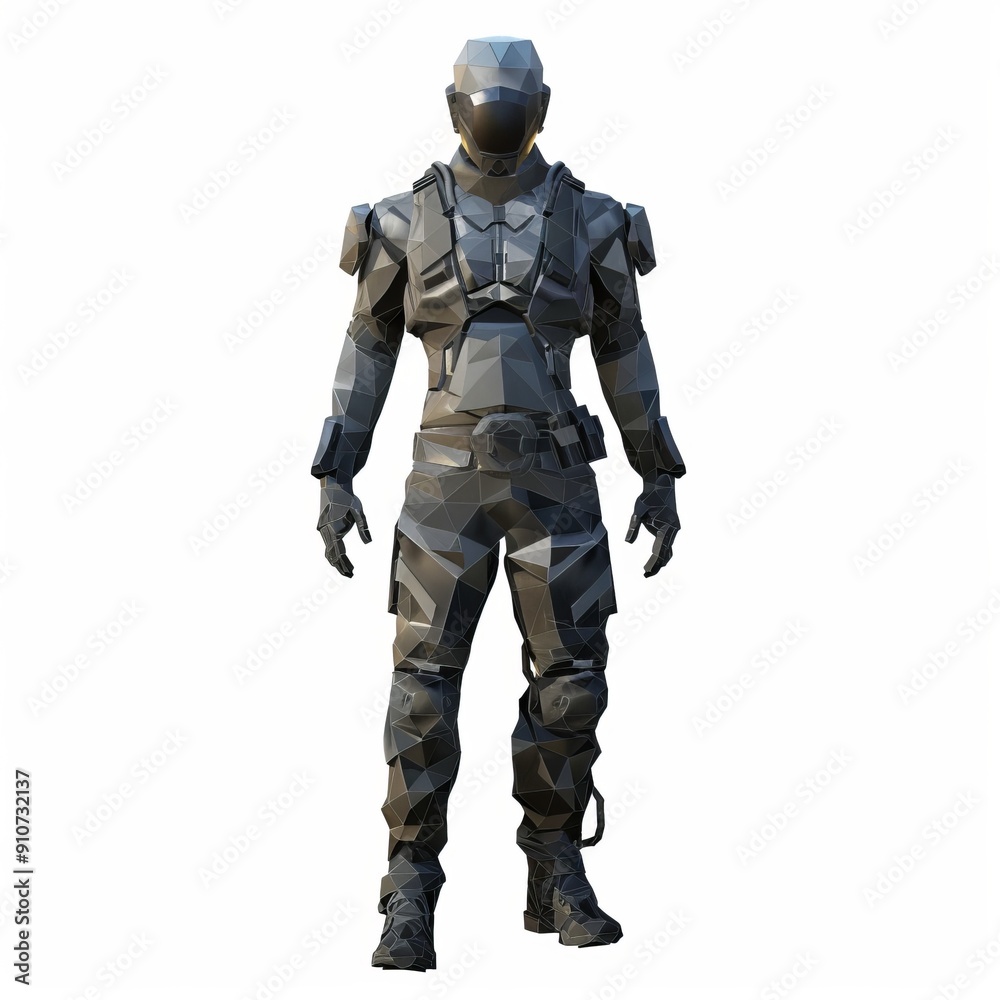 3D Render, Low Poly style of dystopian NPC with a sleek, tactical suit and a hardened look, on isolated white background 3D Render, Low Poly style of dystopian NPC with a sleek, tactical suit and a hardened look, on isolated white background