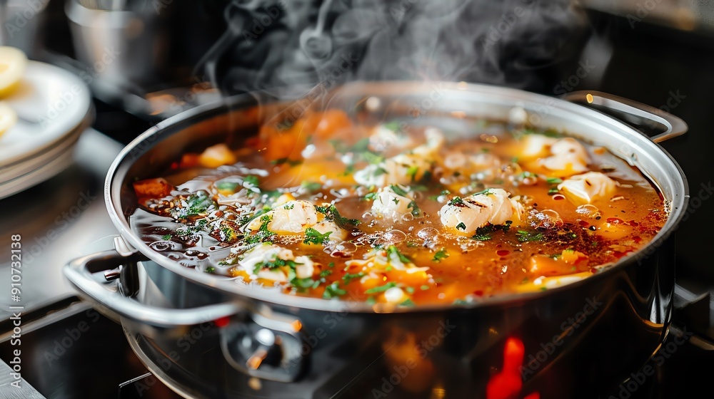 Boiling pot of delicate French fish stew in a refined restaurant, French, boiling Boiling pot of delicate French fish stew in a refined restaurant, French, boiling