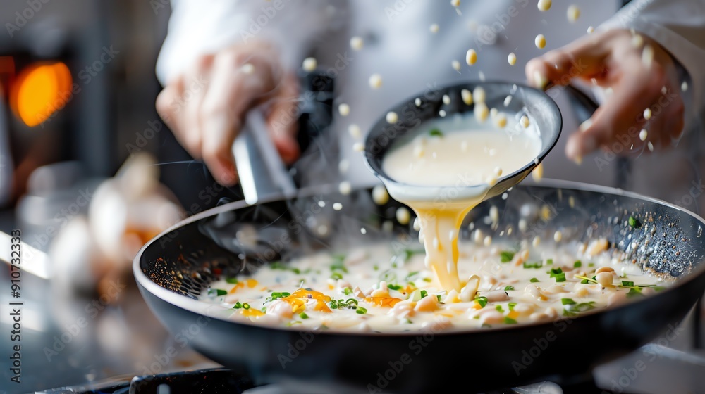 Chef boiling a delicate creme anglaise in a refined French kitchen, French, boiling