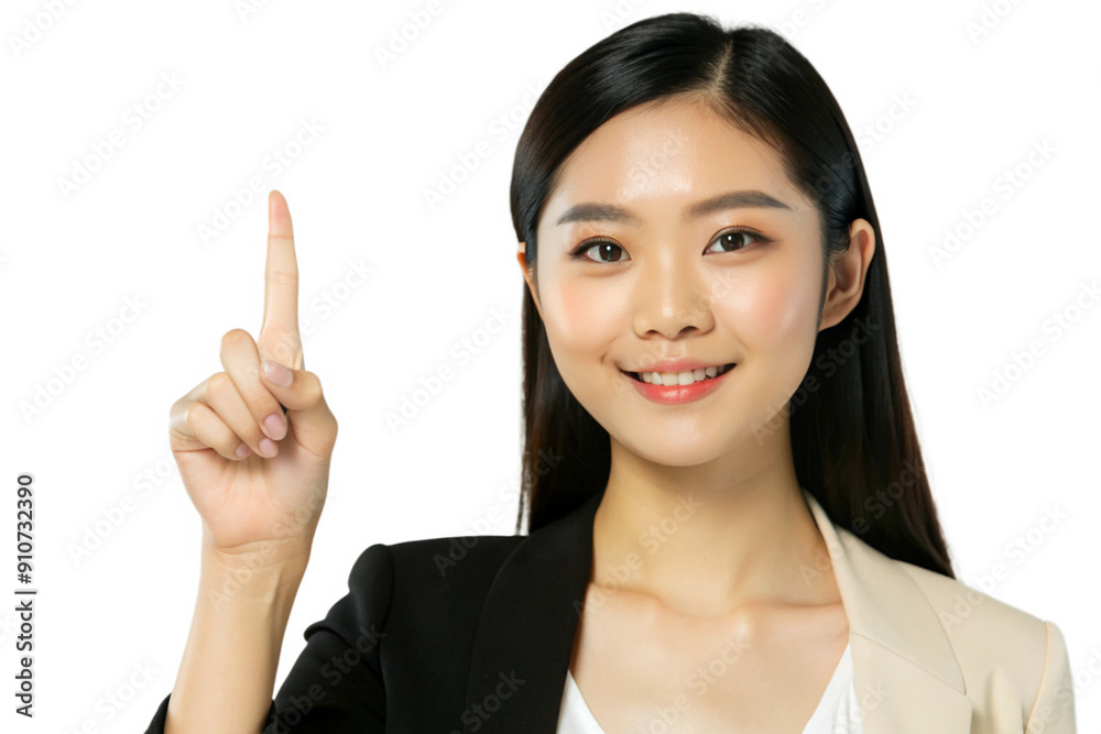 Young beautiful asian woman pointing upward, isolated on white background. Generative AI. Young beautiful asian woman pointing upward, isolated on white background. Generative AI.